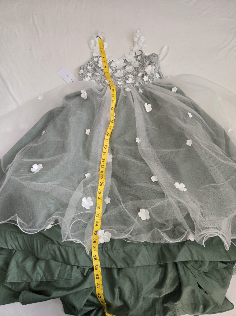 Azazie Celia Flowergirl Dress Eucalyptus Green White Lace 3D Flowers Train 14 - Picture 13 of 16